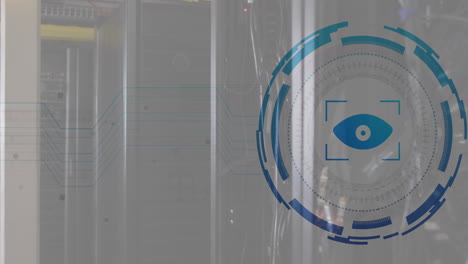 animación del icono del ojo y procesamiento de datos digitales a través de servidores informáticos