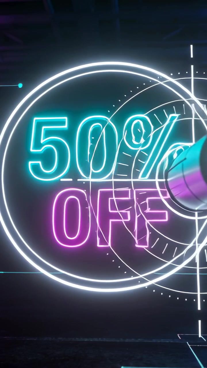 Vídeo vertical: Alinhando bico ao retículo em palco escuro, disparando feixe para revelar distintivo neon 50% DE DESCONTO