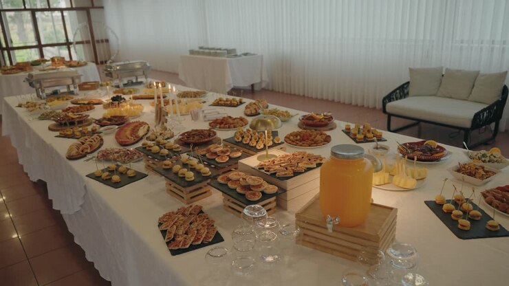 Cateringbord til indendørs bryllup med kager, drikkevarer, stearinlys og serveringsbakker