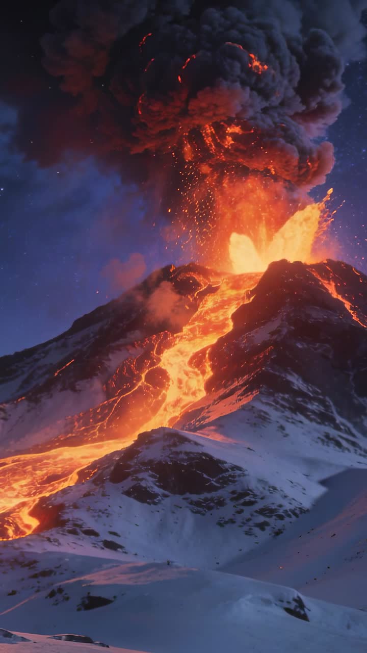 Video verticale: Cratere pulsante, stratovulcano in eruzione che espelle lava e piroclasti su pendii innevati.