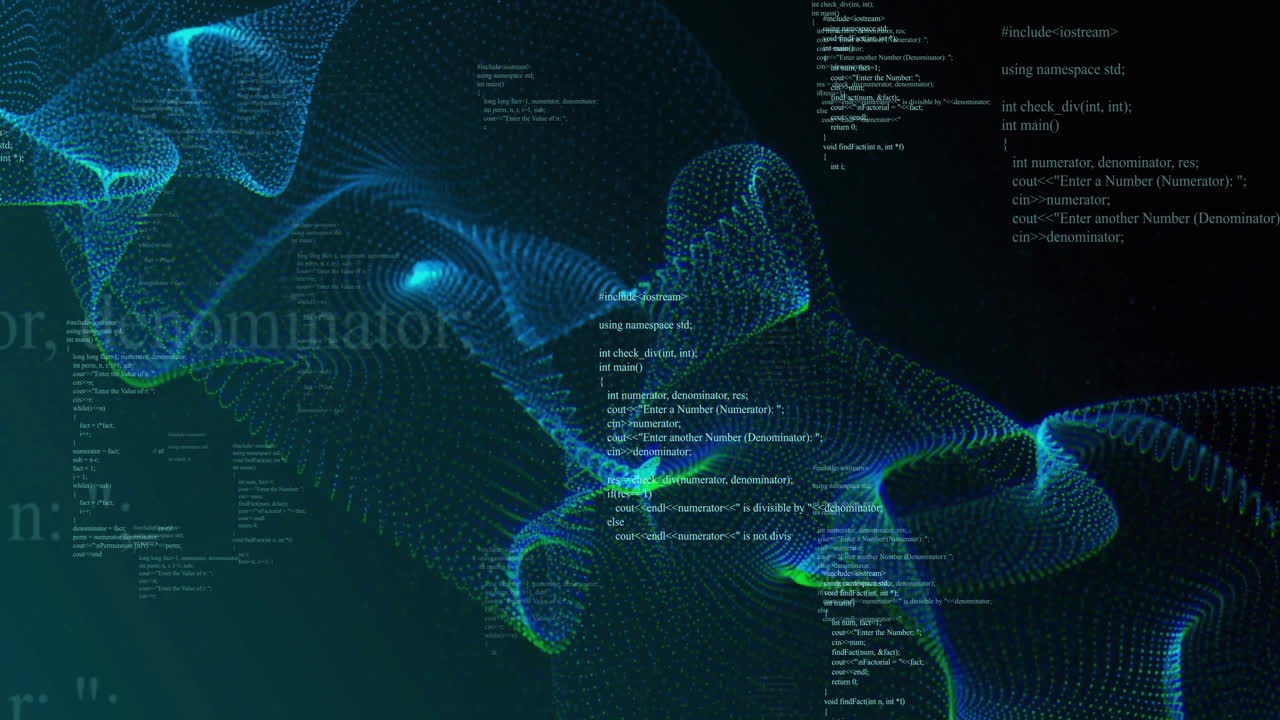 Animation of blue shapes over data processing on black background