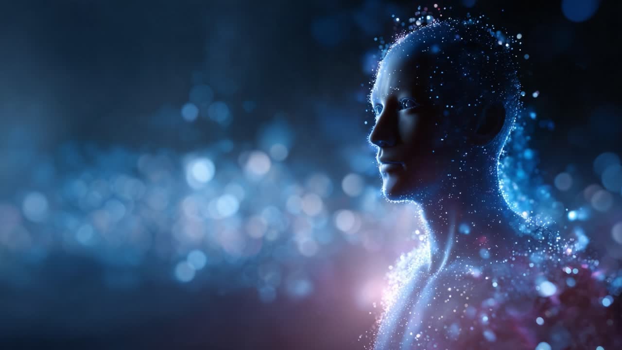 A surreal depiction of a humanoid figure surrounded by ethereal light and particles, symbolizing the intersection of technology, humanity, and abstract concepts