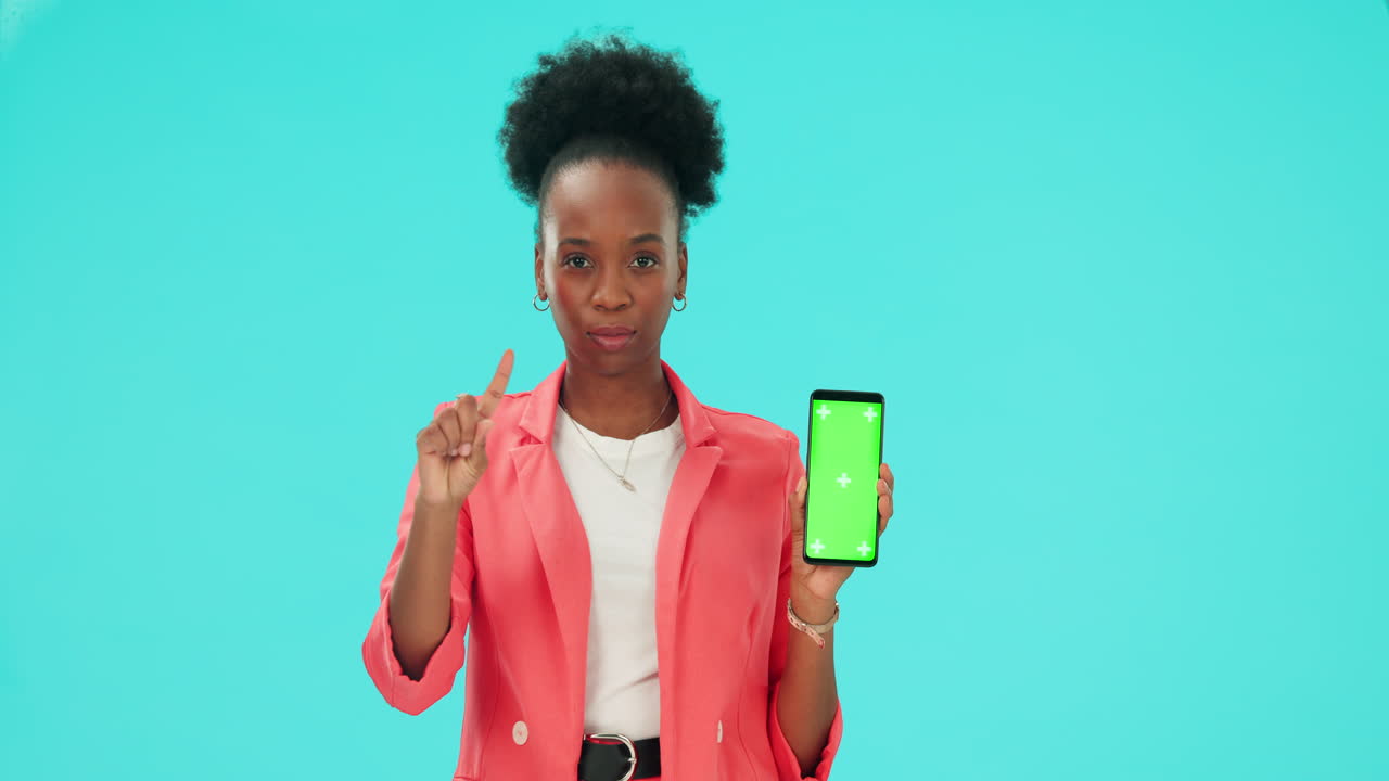 No, phone and black woman pointing to green screen