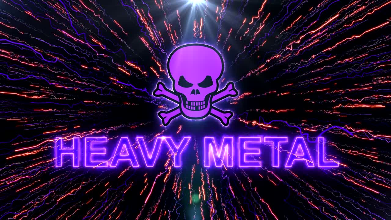 불꽃놀이의 배경에 두개골과 함께 무거운 금속 문구