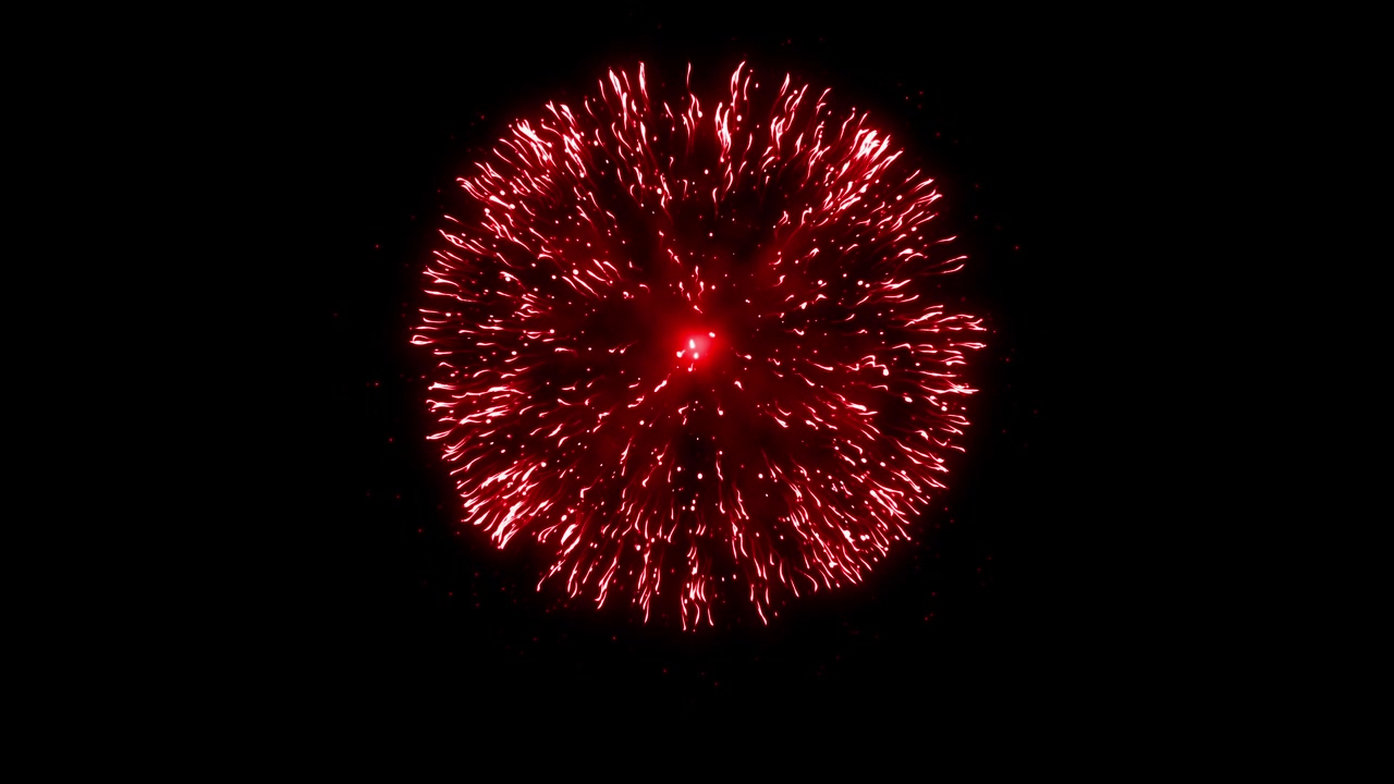 Fuoco d'artificio rosso che esplode e svanisce in scintille su sfondo nero. Ideale per sovrapposizioni di Capodanno o celebrazioni festive. Elemento isolato