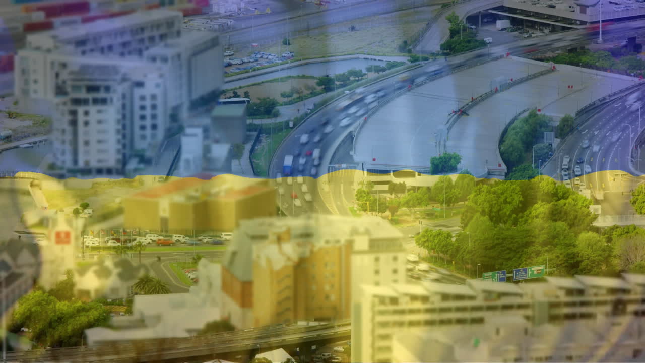 Urban landscape with roads and buildings, showing transportation network animation