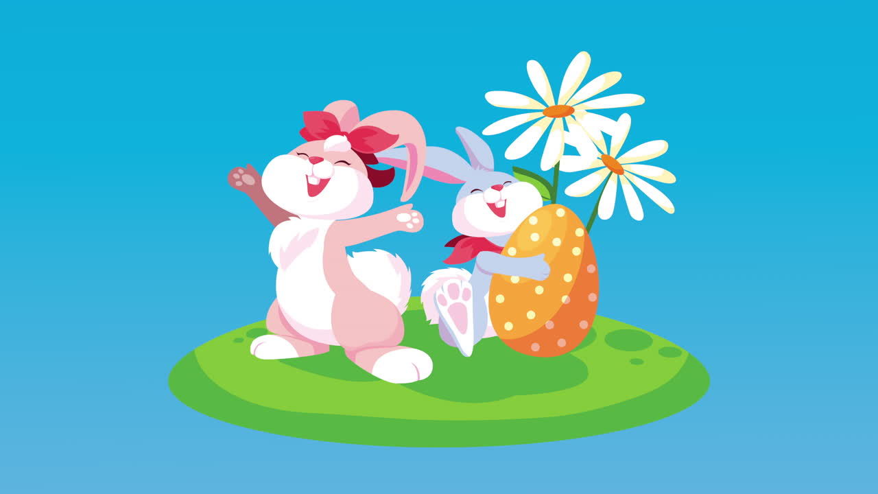 정원에서 칠한 토끼 커플과 달과 함께 행복한 부활절 카드