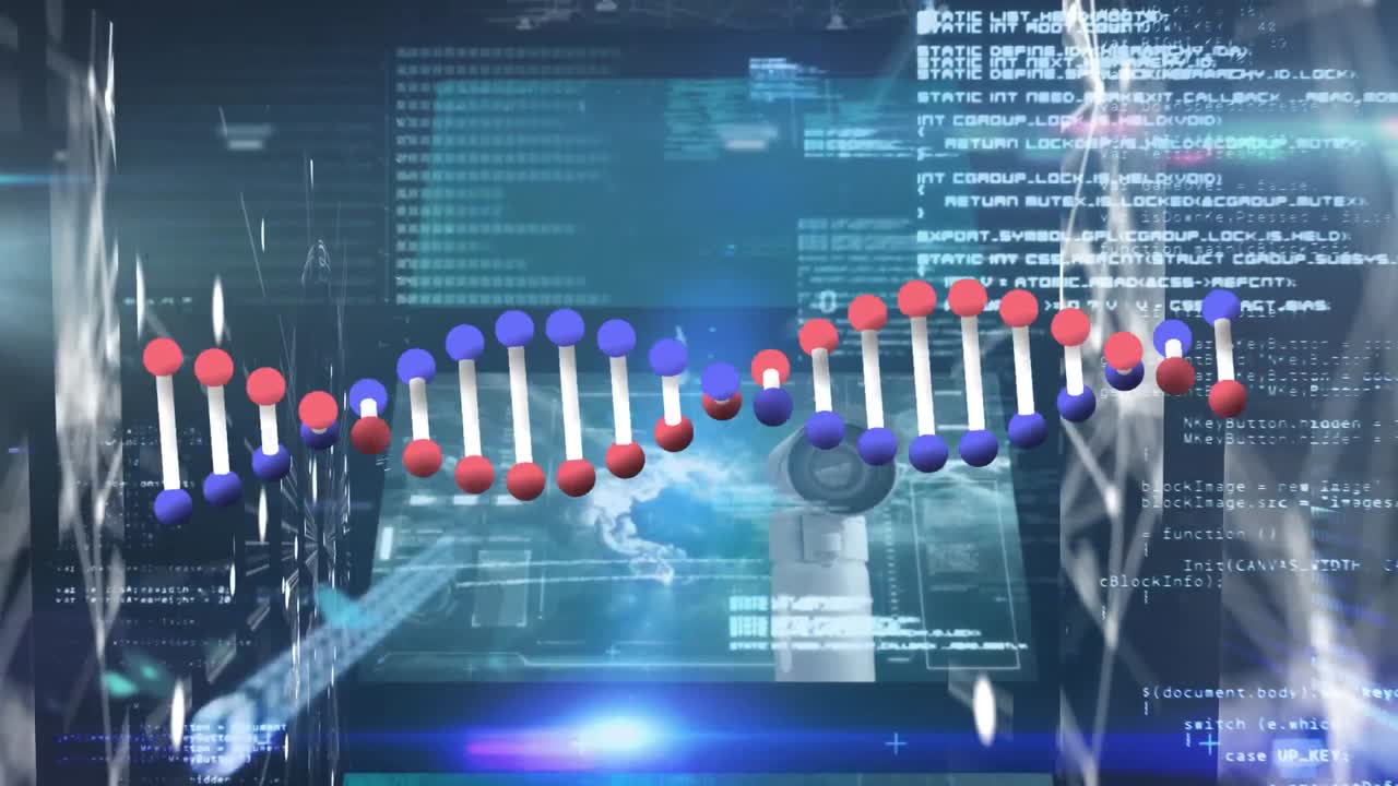 Animation of dna strand, network of connections and data processing
