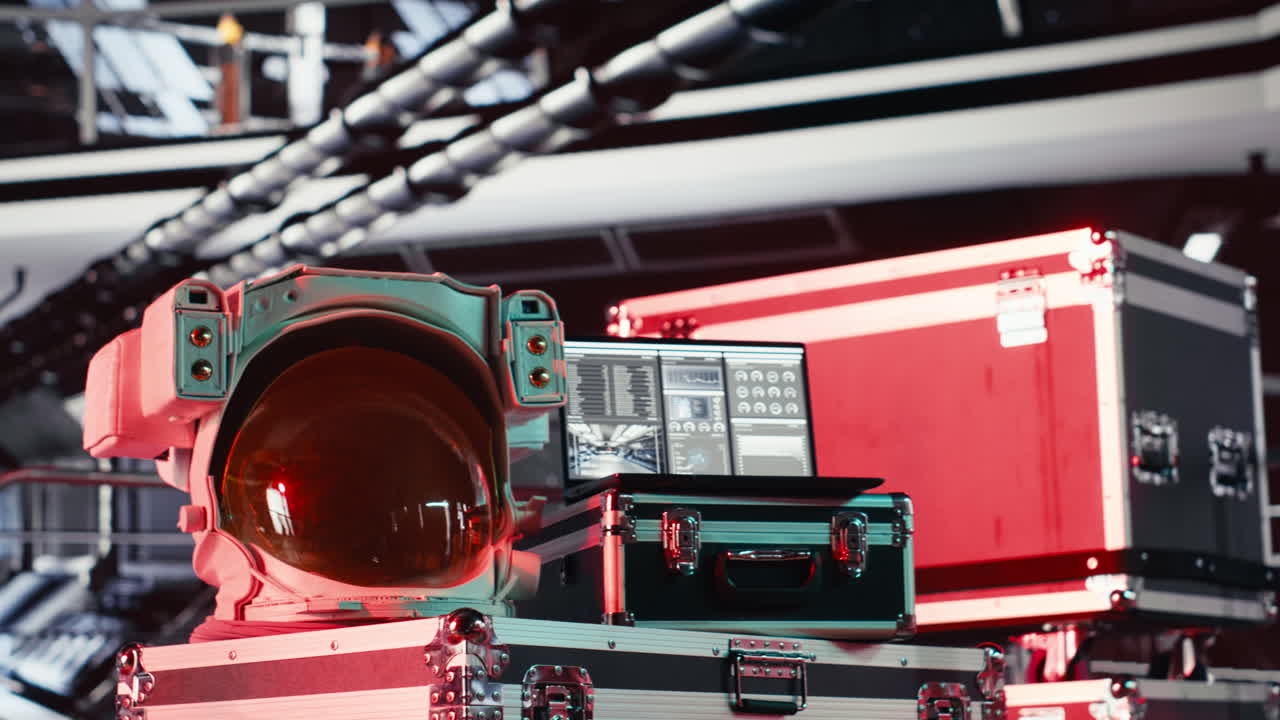 Astronaut helmet next to laptop in starship showing performance metrics