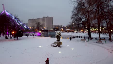 fly in evening skver strilka, snowy kharkiv city