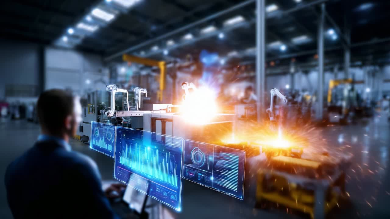 A Cutting-Edge Automated Manufacturing Setup Featuring Robotic Arms and Advanced Data Visualization to Monitor Industrial Processes, Capturing the Moment of Sparks and Dynamic Action in a High-Tech Factory Environment