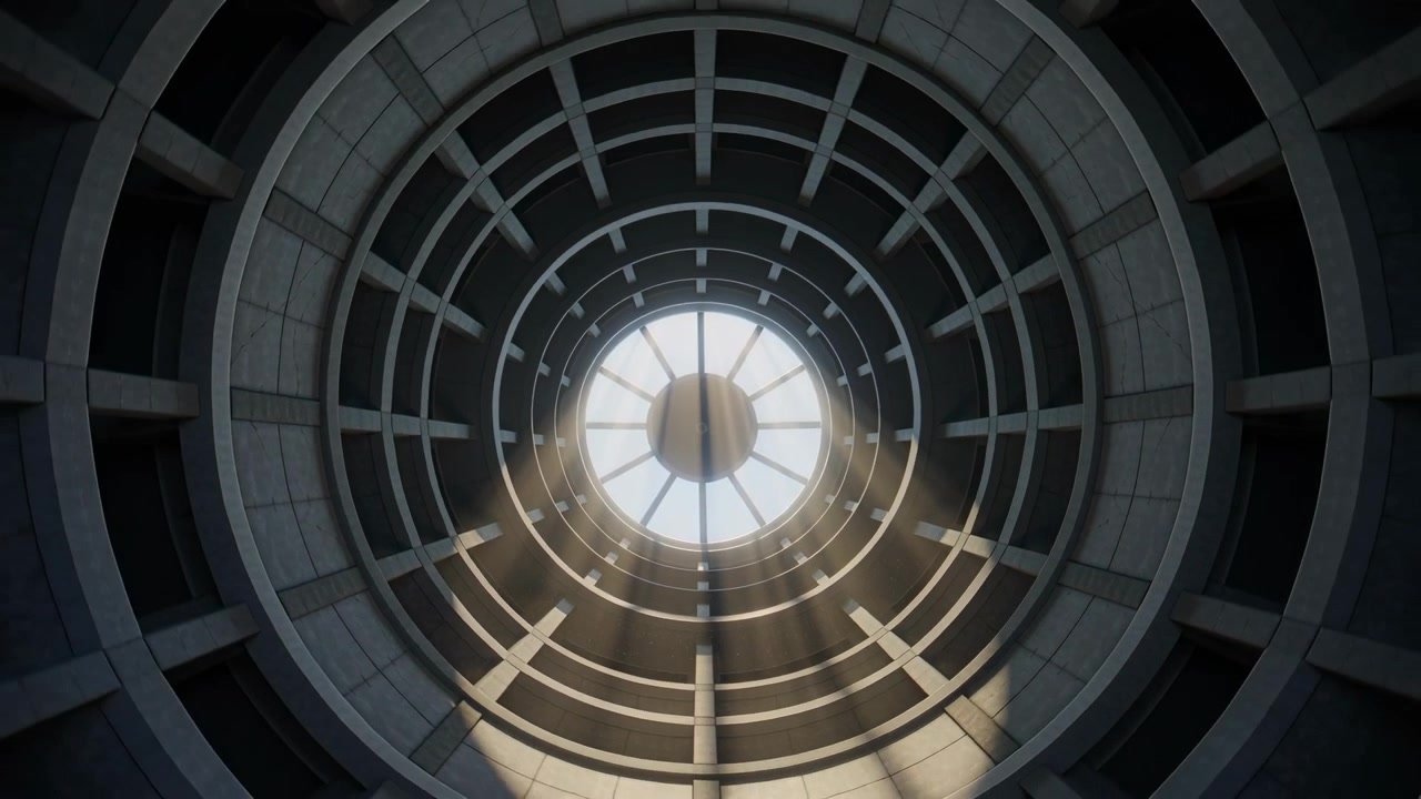 Pulling camera revealing concrete cylinder shaft in atrium, skylight rays widening over rings