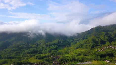 vista aérea del paisaje rural de indonesia con bosques y colinas envueltos por la niebla