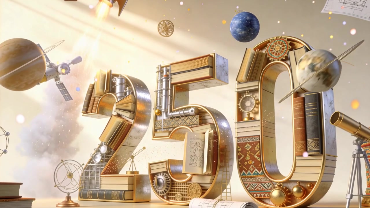 Accensione del motore, razzo e satellite che si sollevano oltre i numeri dorati 250 su un set da studio per celebrare un traguardo.