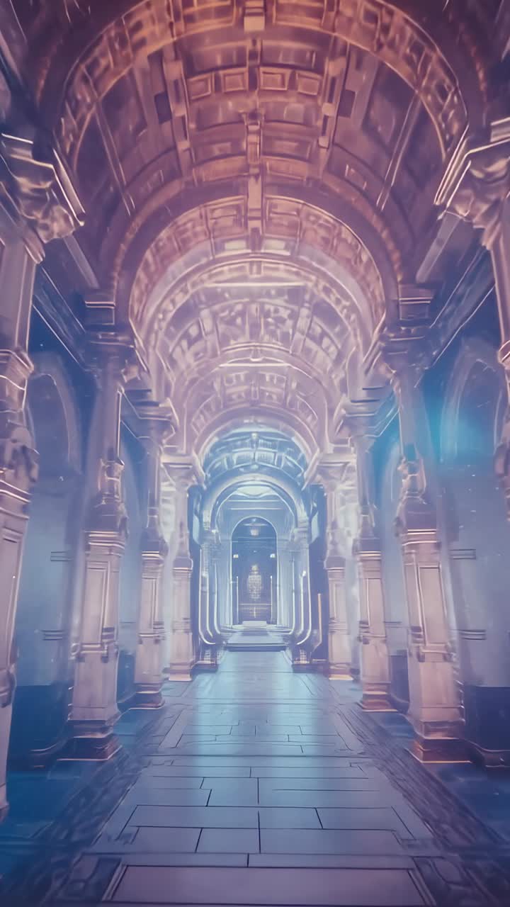 Vertical video: Camera hovering at entrance, starting forward tracking past columns toward niche