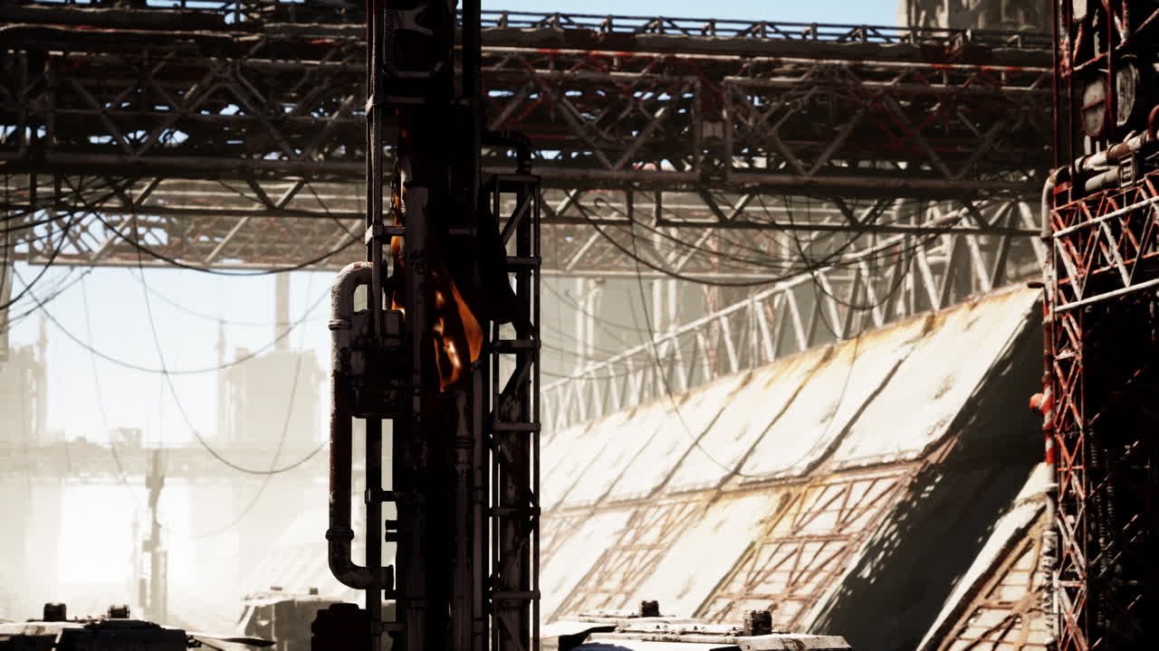 산업 환경에서 파이프가 있는 녹은 금속 구조의 클로즈업입니다.