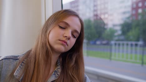 exhausted young woman fall asleep missed stop station in tram traveling home after hard working day