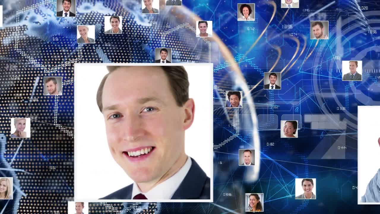 Network of profile icons against light trails and spinning globe on blue background