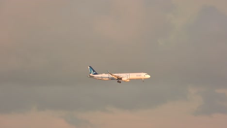 side view of an airplane preparing for landing on the runway during golden hour