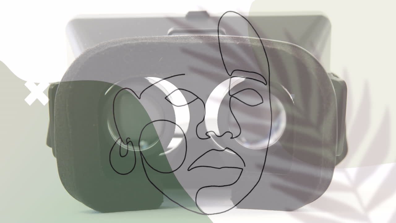 formas abstractas y red de conexiones frente a una vista de cerca de un auricular vr