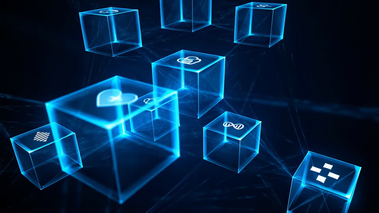 Abstract Digital Network with Glowing Cubes and Data Icons