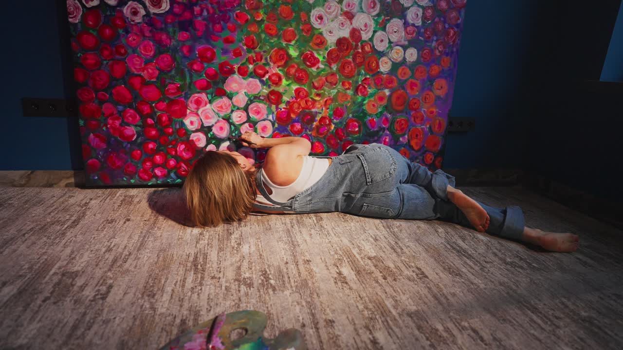 Mujer tumbada en el suelo admirando una vibrante pintura floral