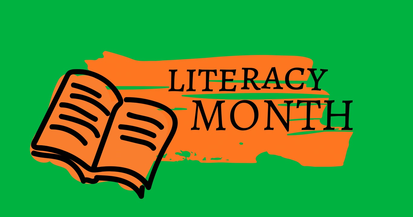 Literacy month text with book icon over orange banner against transparent background