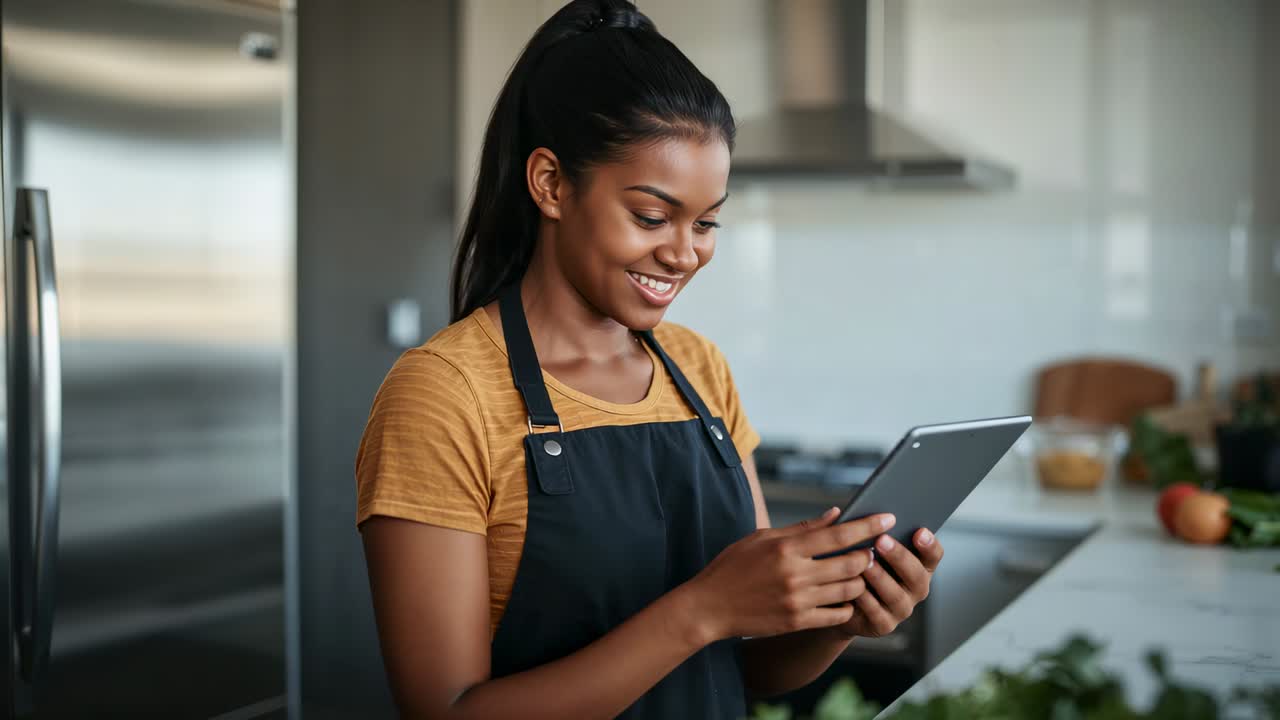 Smiling woman in black apron consulting tablet for recipe on kitchen island while prepping veg