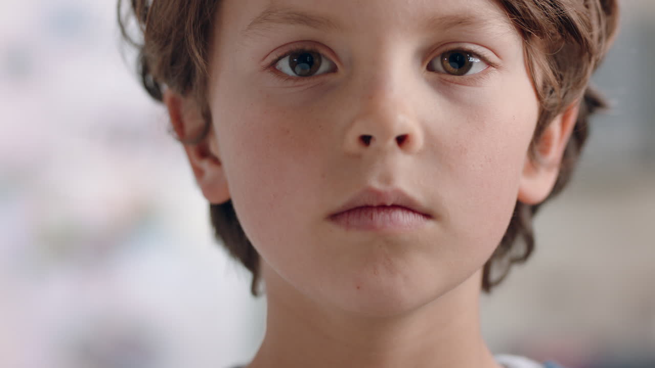 진지 한 표정 으로 카메라 를 바라보는 행복 한 작은 소년 의 초상화