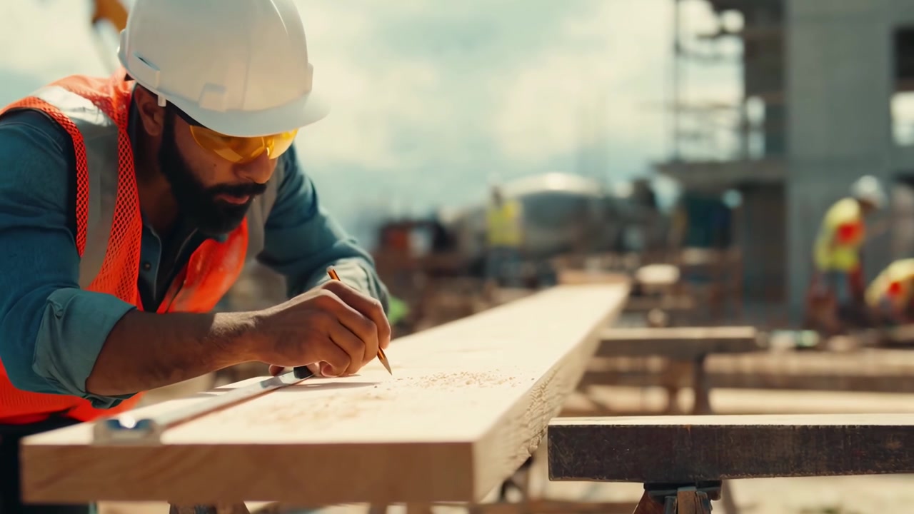 Construction Worker Measuring and Marking Wooden Plank on Site