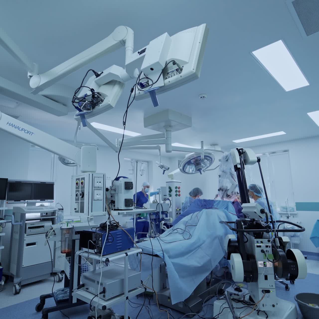 View from the side on experienced surgeons with medical tools during operation. Health treatment concept