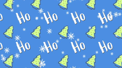 animation of multiple ho ho text and christmas tree on blue background