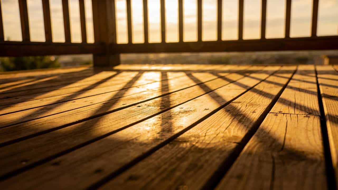 Shifting sunlight casting railing shadows across wooden deck during sunset as thin cloud passes