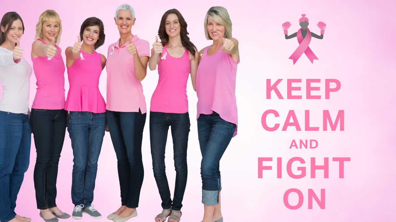 분홍색 리본 로고와 유방암 텍스트의 애니메이션이 다양한 여성 그룹 위에 있습니다.