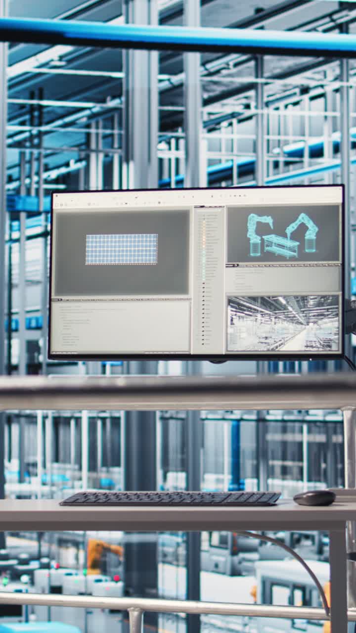 Vertical video Monitor in automated photovoltaics factory analyzing IoT sensor data