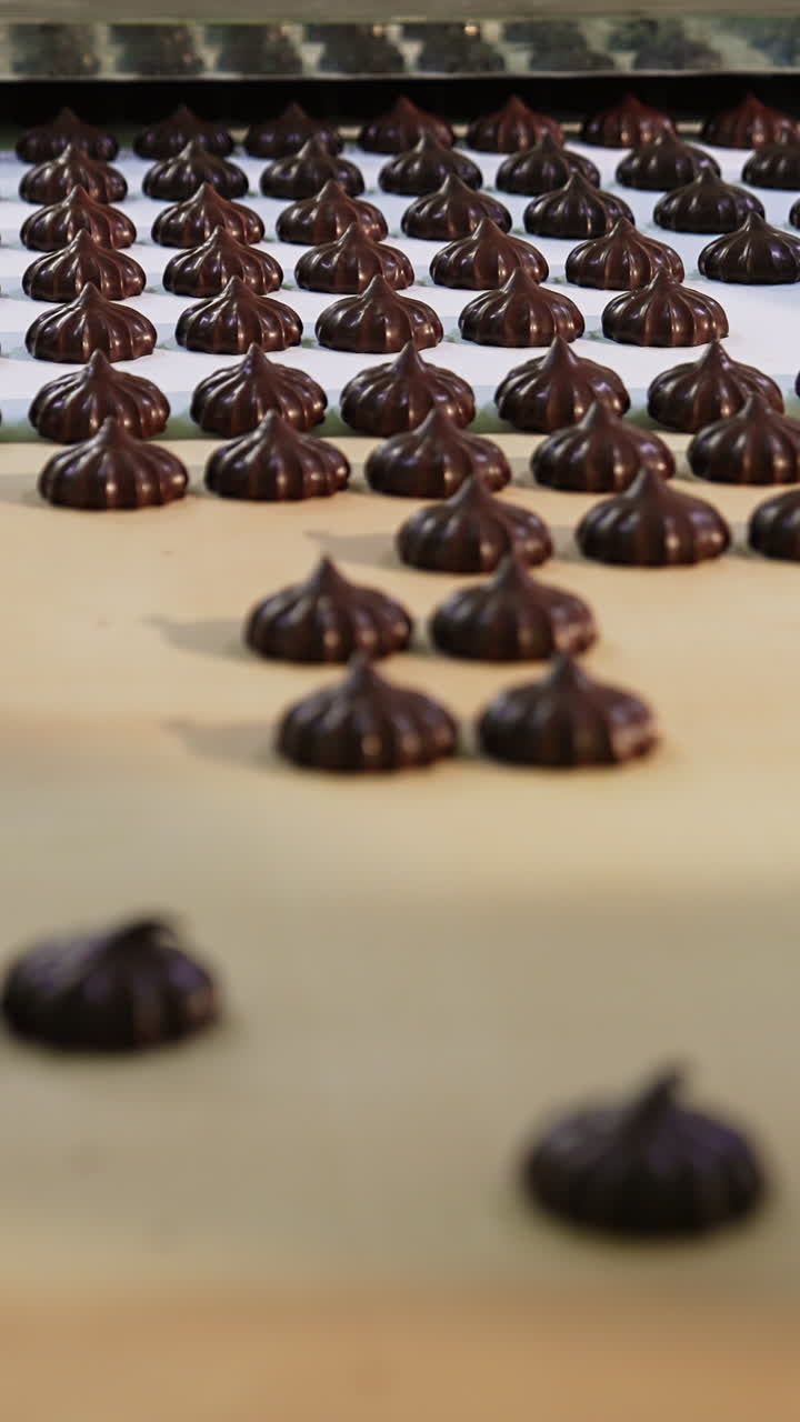 Packing the freshly-made marshmallow sweets. Hands of confectionery employees take away the candies from conveyor belt. Blurred backdrop. Vertical video