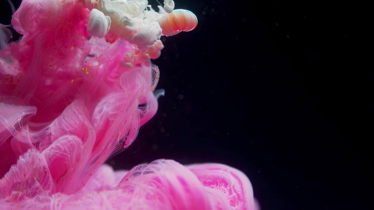 Inchiostro astratto rosa e bianco che si mescola con glitter dorati nell'acqua