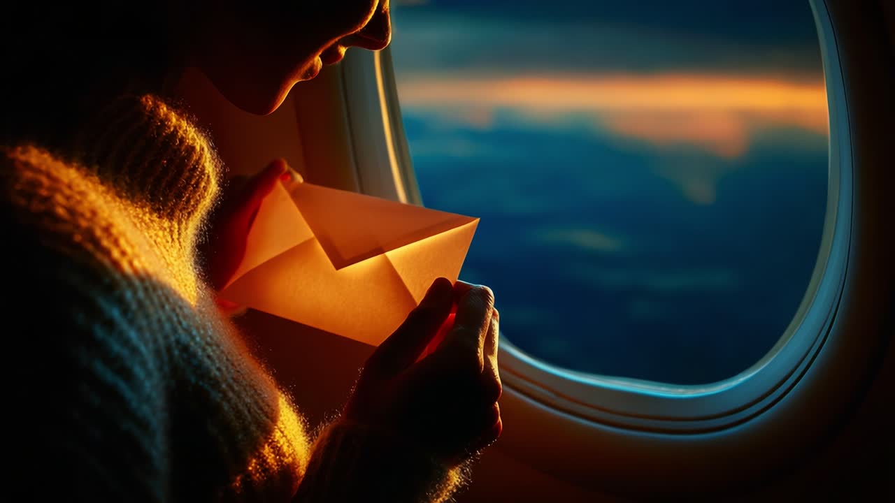 A Serene Moment of Reflection: Capturing the Contemplation of a Traveler Holding an Illuminated Envelope by the Aircraft Window During a Beautiful Sunset