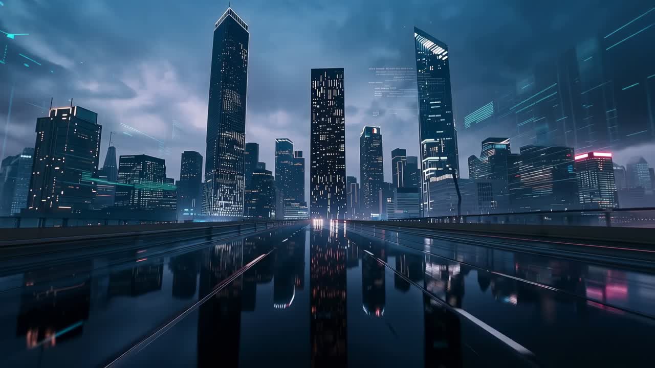 Advancing central skyline, reflecting on wet road after passing vehicle, revealing cyan HUD