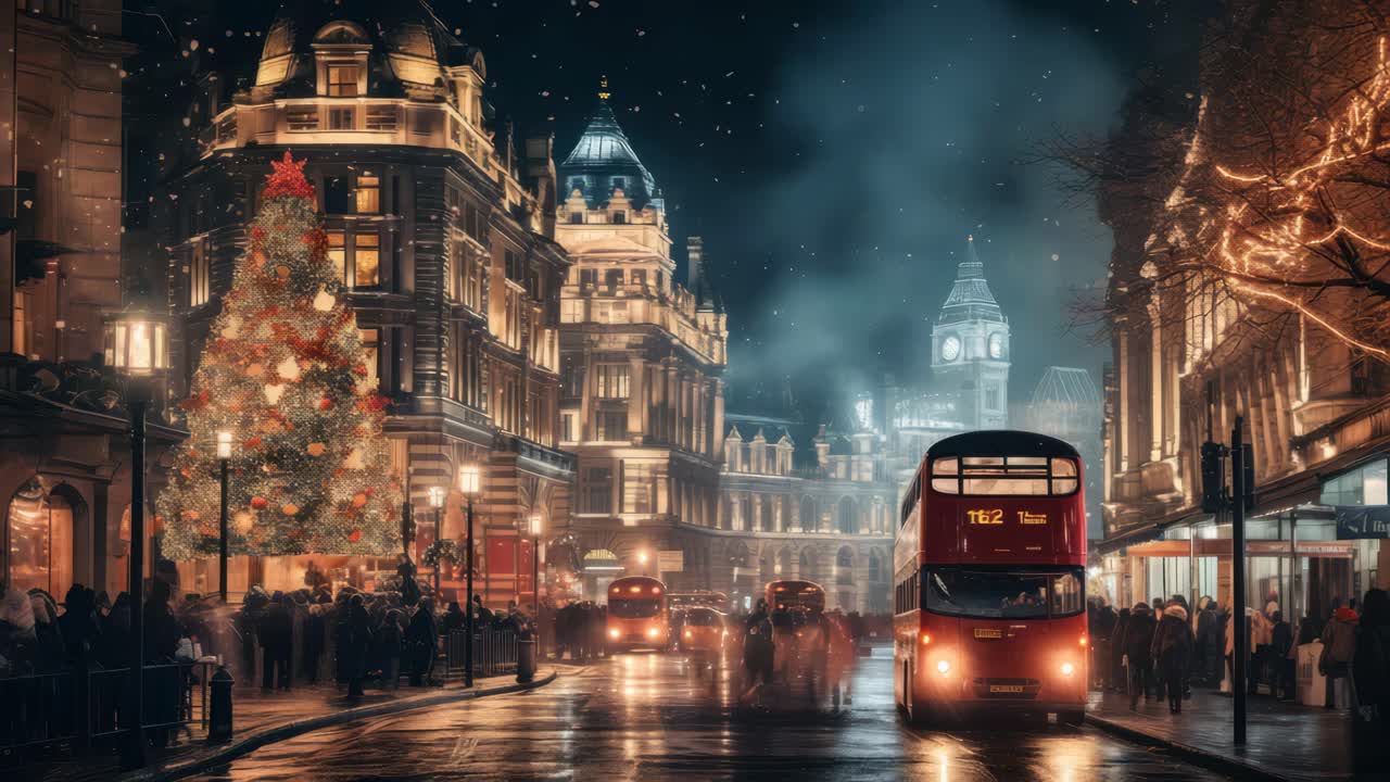 Nighttime cityscape with festive lights, featuring a double-decker bus