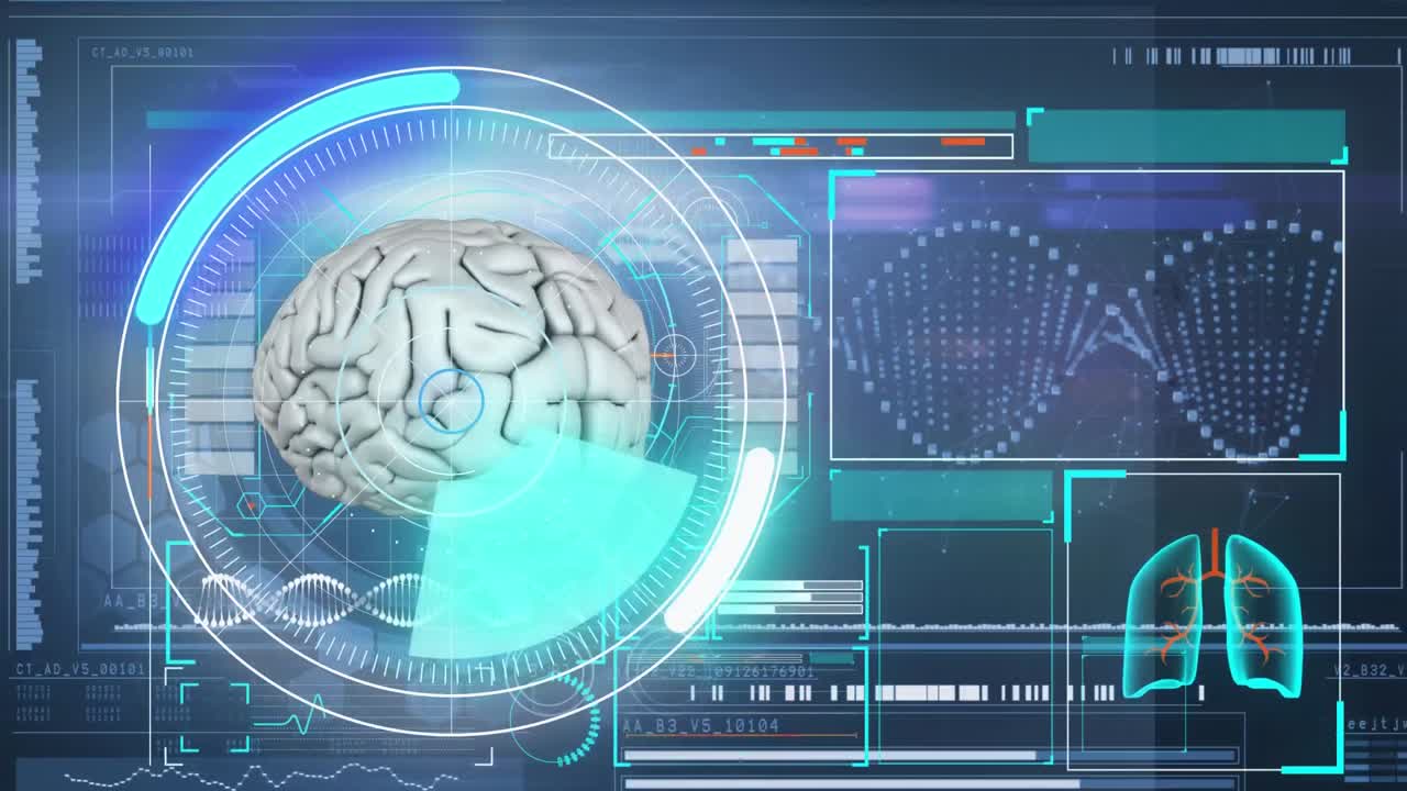 Animation of scope scanning and medical data processing with human brain over digital screen