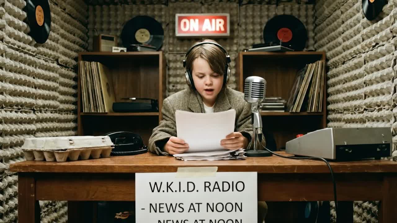 Young Boy Broadcasting News from a Homemade Vintage Radio Studio
