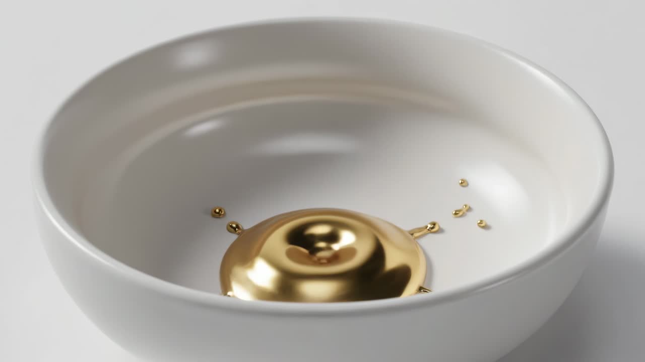 Uma única gota dourada caindo em uma tigela branca, criando um respingo em forma de coroa e espalhando uma poça brilhante para anúncios.