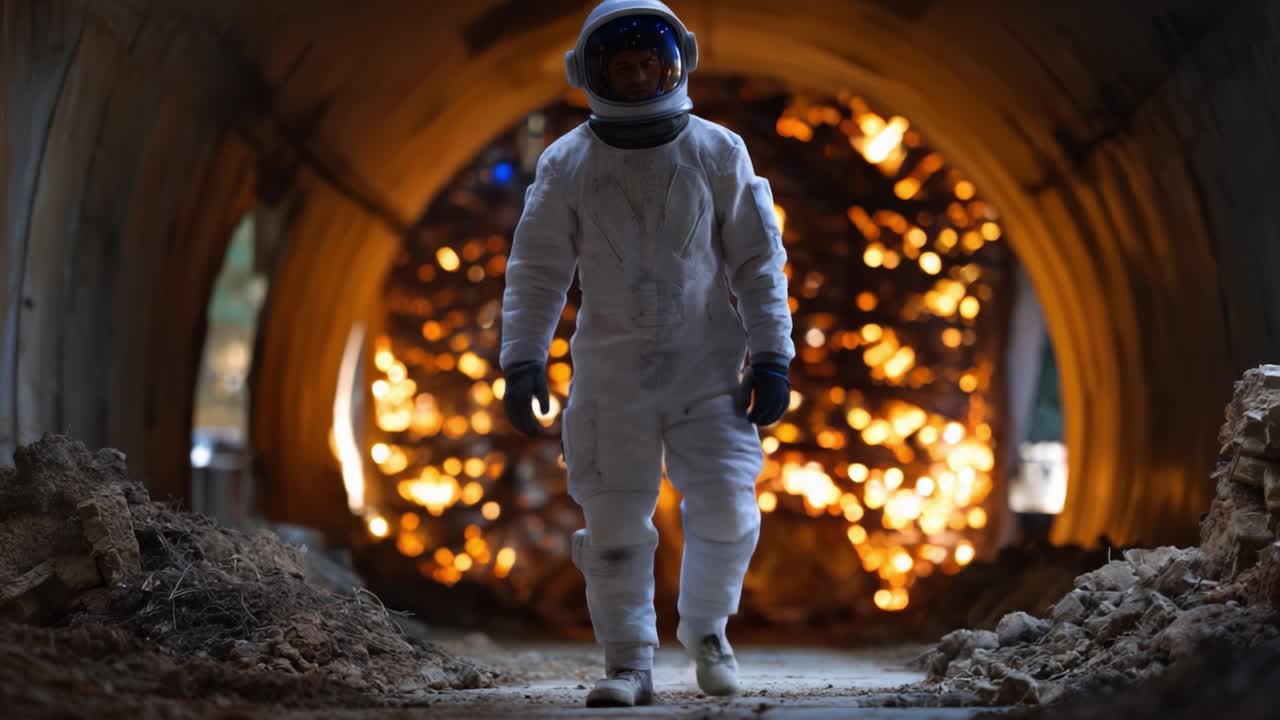 Astronaut navigerer en flammende tunnel: En rejse gennem en oplyst sti af udforskning og opdagelse i et betagende rummiljø.