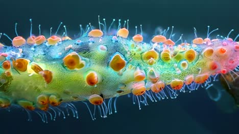 A colorful bug with many spots on it. The bug is green and red. It is surrounded by a leaf