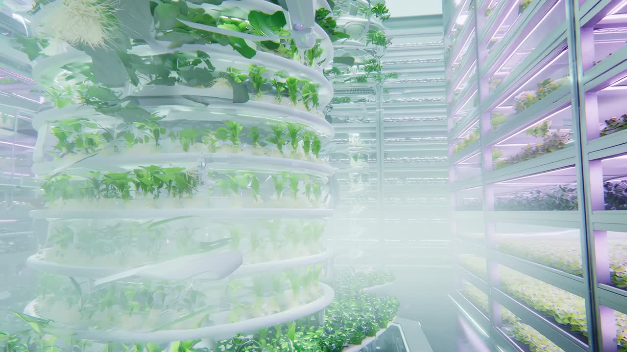 Fattoria verticale futuristica con piante rigogliose, ripresa in un video grandangolare.