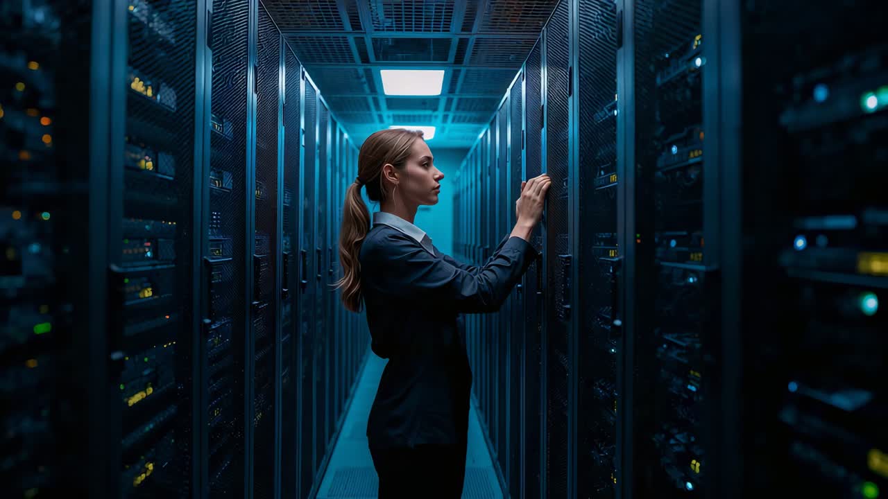 Inspecting technician in blazer adjusting rack servers in server room aisle after LEDs flashing