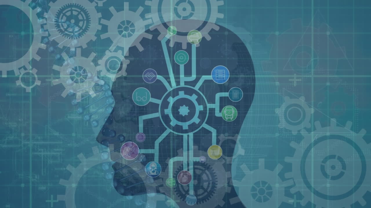 인간 머리 모델 위에 디지털 아이콘의 네트워크를 회전하는 아이콘 설정 애니메이션