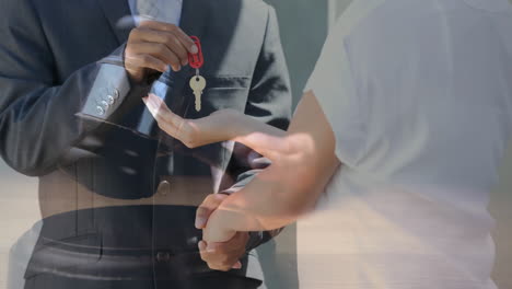 animación digital del agente de bienes raíces dando la llave al cliente 4k