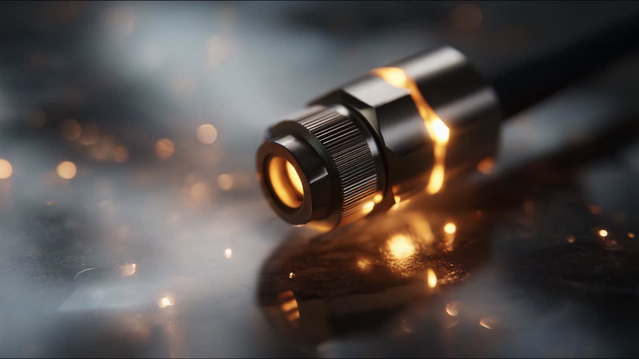 A Close-Up Exploration of a Metallic Connector Glowing with Intriguing Light Effects Against a Blurred Background, Showcasing Details, Texture and the Intersection of Technology and Design